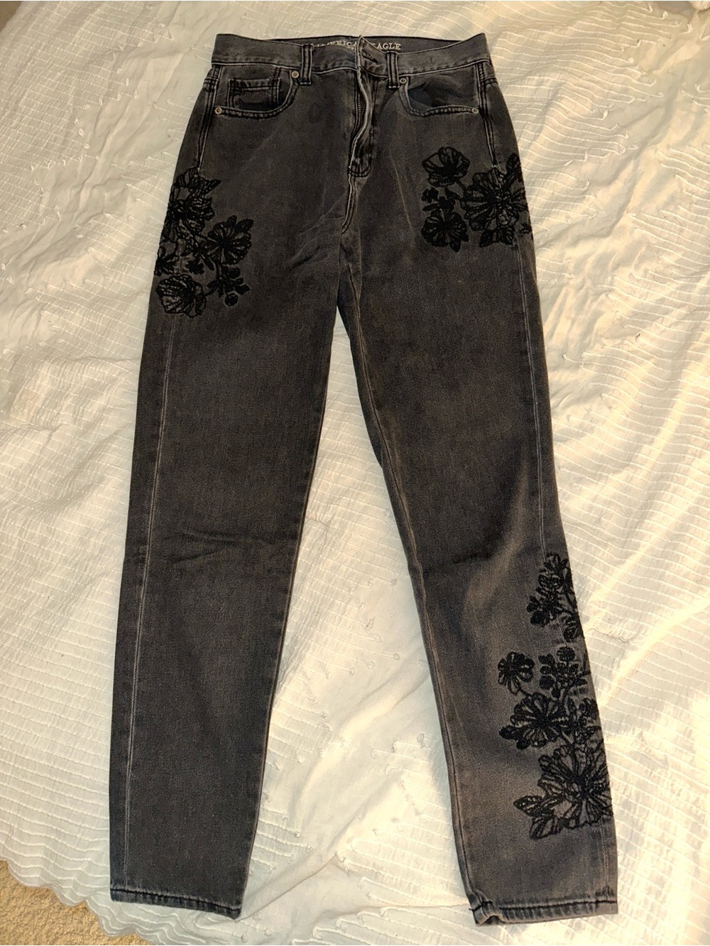 American Eagle Outfitters Black Floral Embroidered Mom Jeans